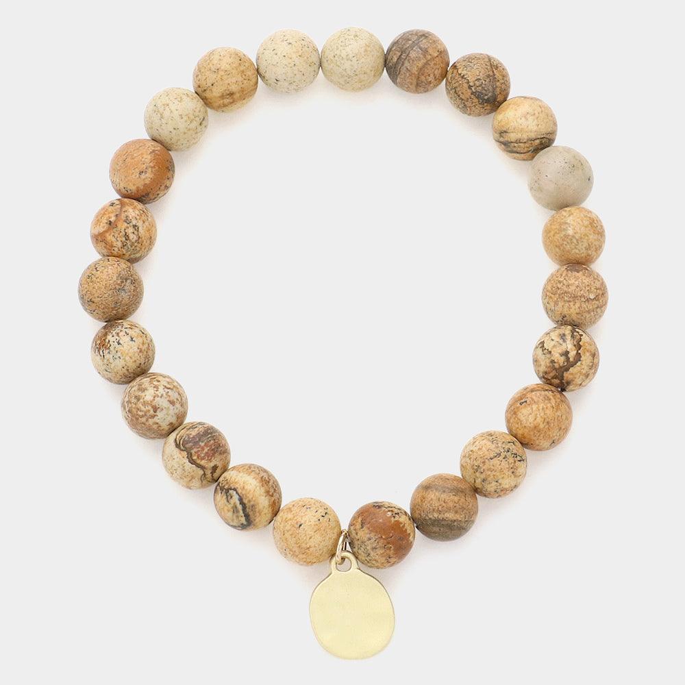 Brown Natural Stone Hammered Metal Charm Stretch Bracelet - Jewelry Store by Erik Rayo