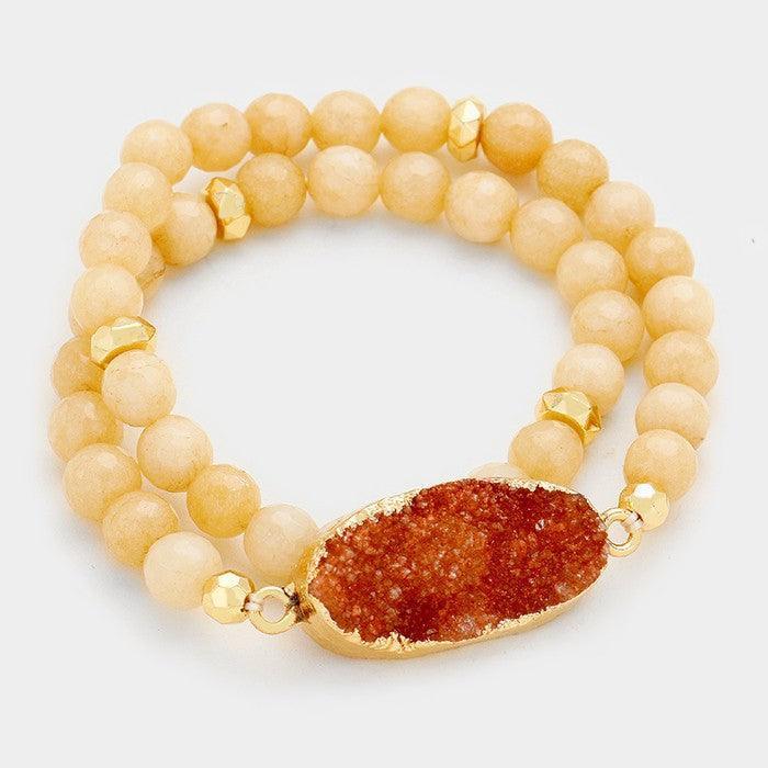 Gold Druzy stone accented natural stone bead strand wrap stretch bracelet - Jewelry Store by Erik Rayo