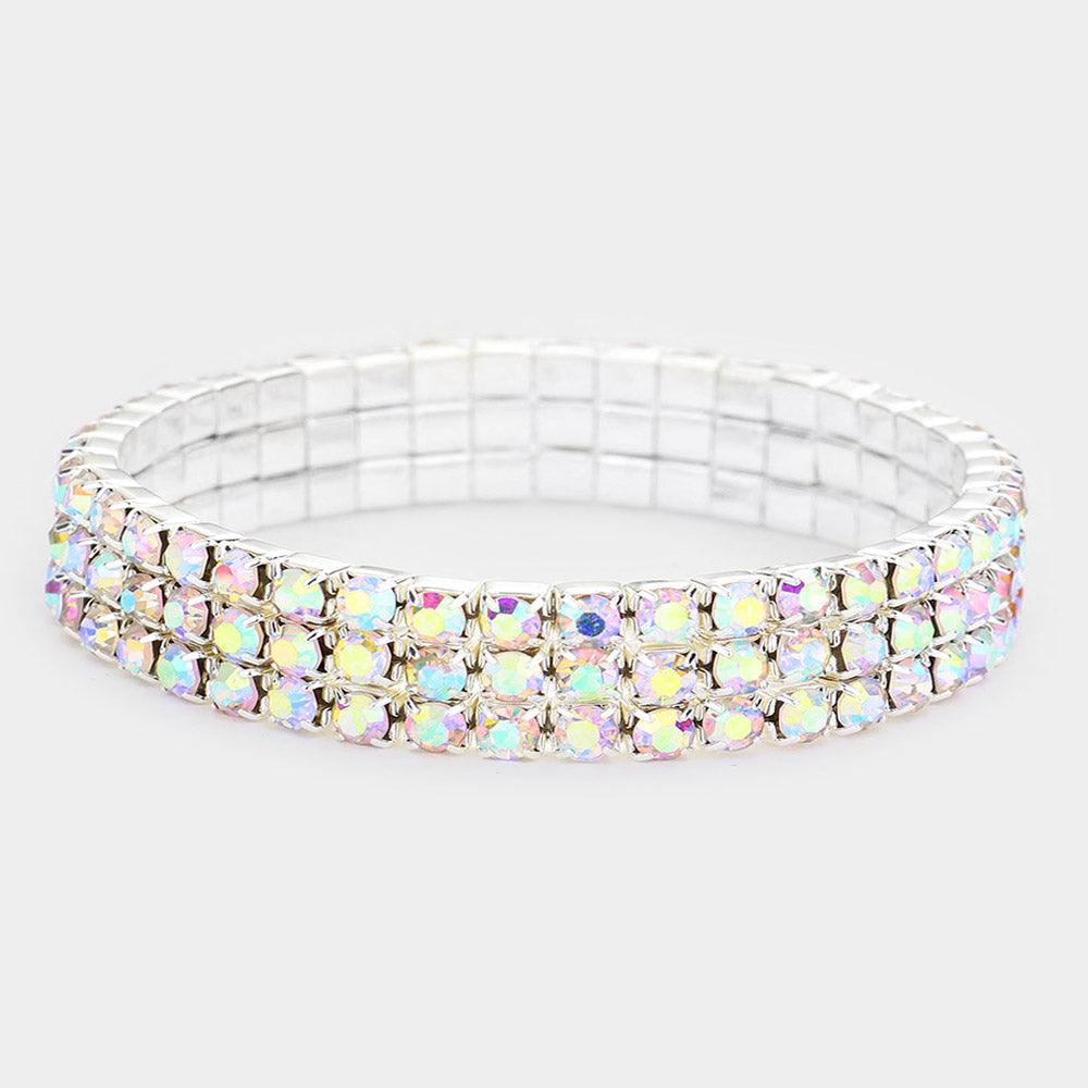 Silver 3Row Rhinestone Stretch Bracelet