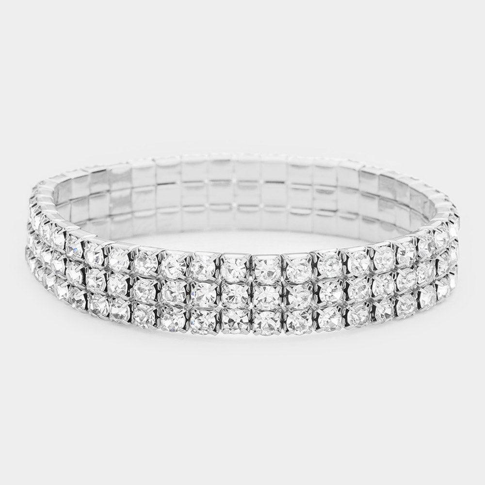 Silver 3Row Rhinestone Stretch Bracelet