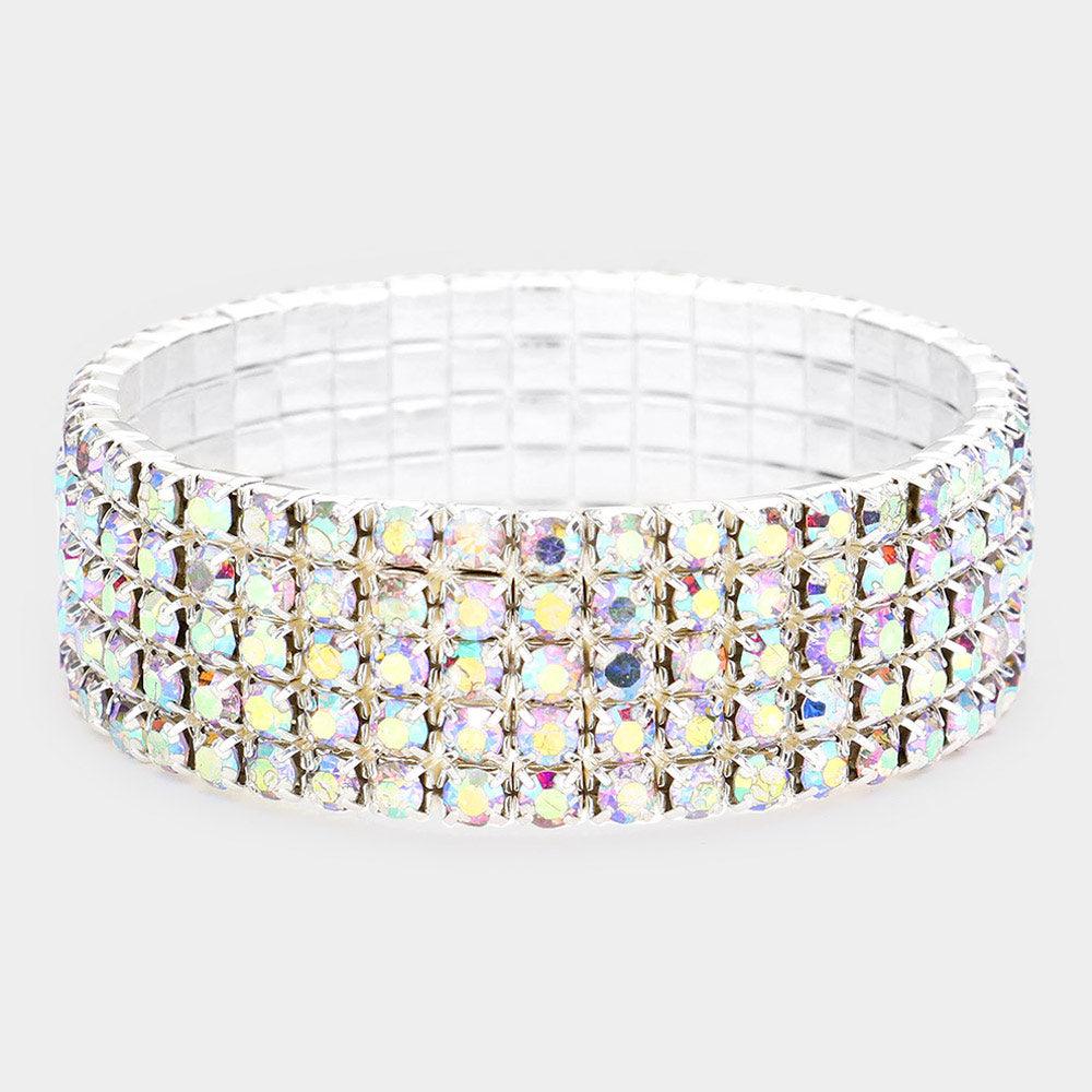 Silver 5Row Crystal Rhinestone Stretchable Bracelet