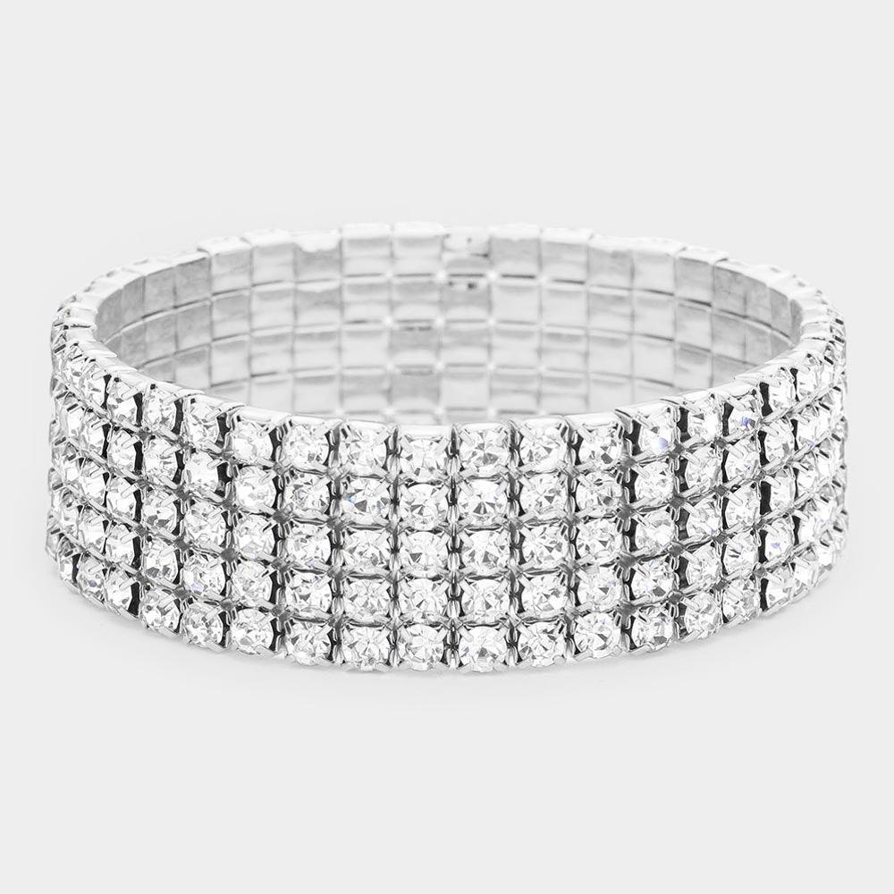 Silver 5Row Crystal Rhinestone Stretchable Bracelet - Jewelry Store by Erik Rayo