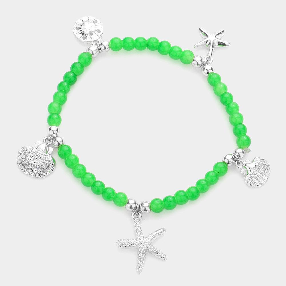 Green Starfish Shell Sand Dollar Charms Beaded Stretch Bracelet - Jewelry Store by Erik Rayo