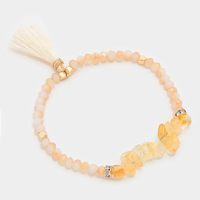 Gold Tassel charm natural stone beaded stretch bracelet