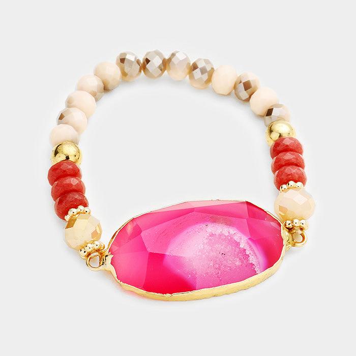 Pink Beaded Glass Stone Accented Stretch Bracelet