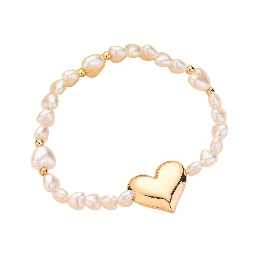 Cream Metal Heart Charm Pointed Pearl Stretch Bracelet - Jewelry Store by Erik Rayo