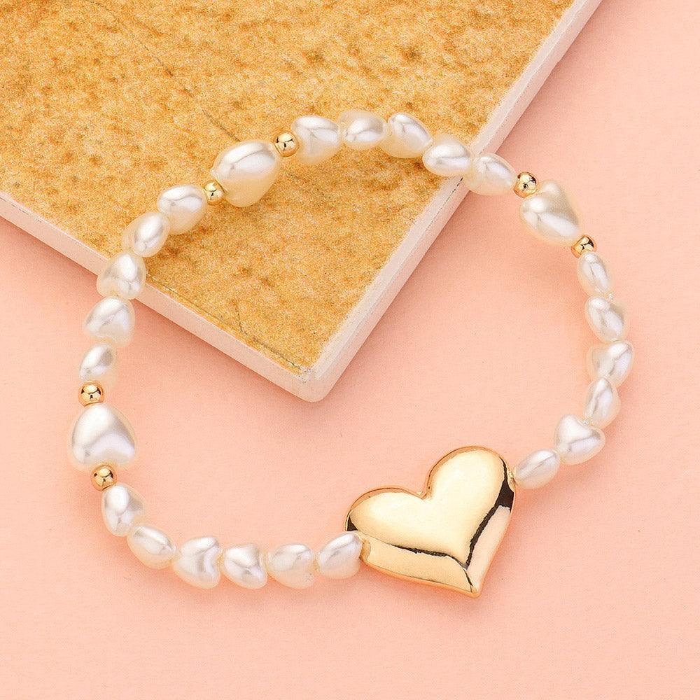 Cream Metal Heart Charm Pointed Pearl Stretch Bracelet