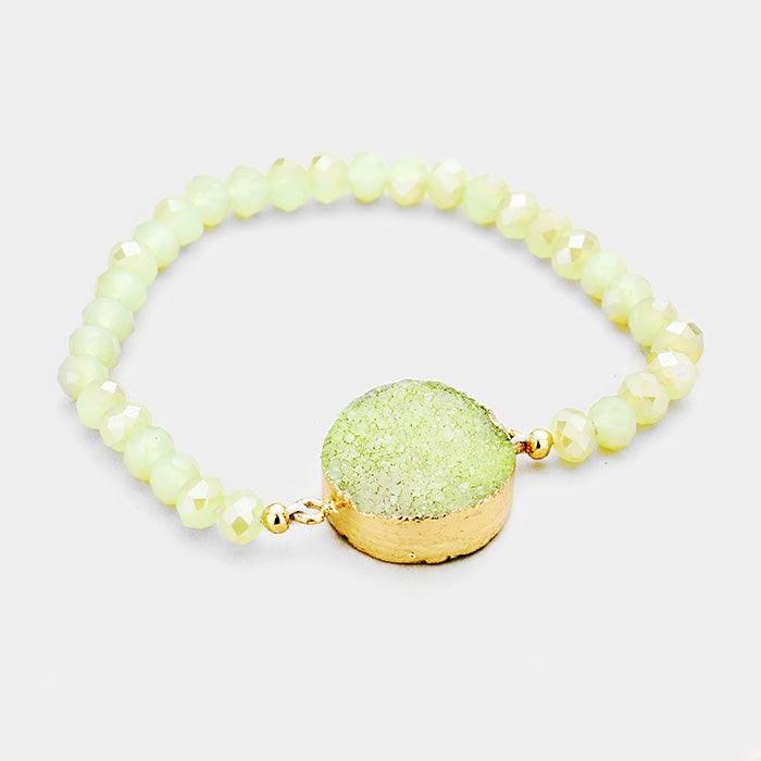 Green Faceted Beaded Genuine Round Druzy Detail Stretch Bracelet