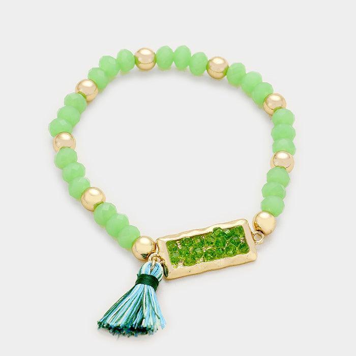 Gold Multi Beaded Rectangle with Tassel Stretch Bracelet - Jewelry Store by Erik Rayo