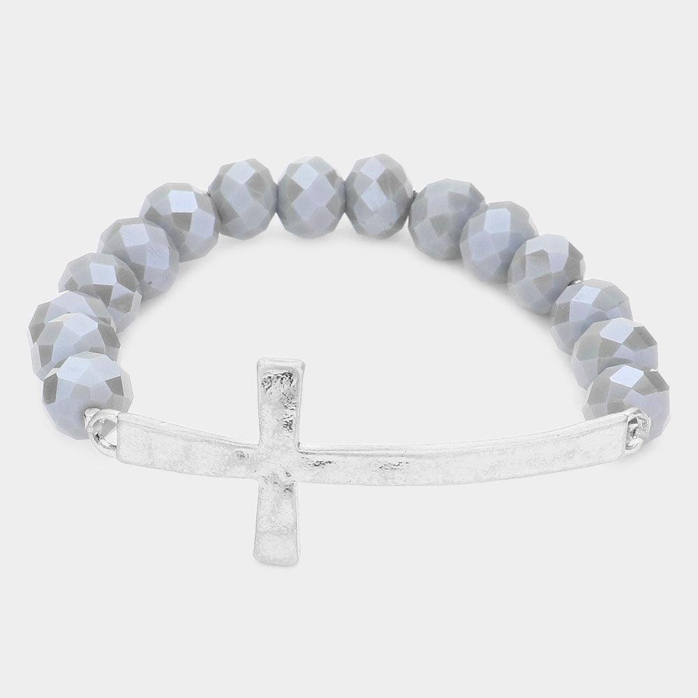 Silver Hammered Metal Cross Accented Faceted Beads Stretch Bracelet