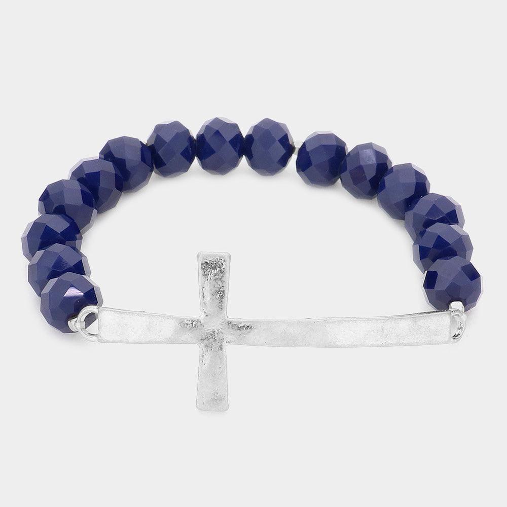 Silver Hammered Metal Cross Accented Faceted Beads Stretch Bracelet