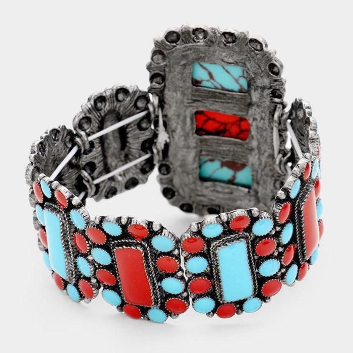 Turquoise Tribal Red Coral turqoiuse Enamel Cluster Stretch Bracelet - Jewelry Store by Erik Rayo