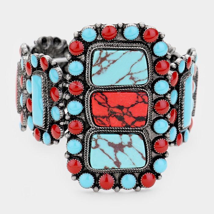 Turquoise Tribal Red Coral turqoiuse Enamel Cluster Stretch Bracelet - Jewelry Store by Erik Rayo