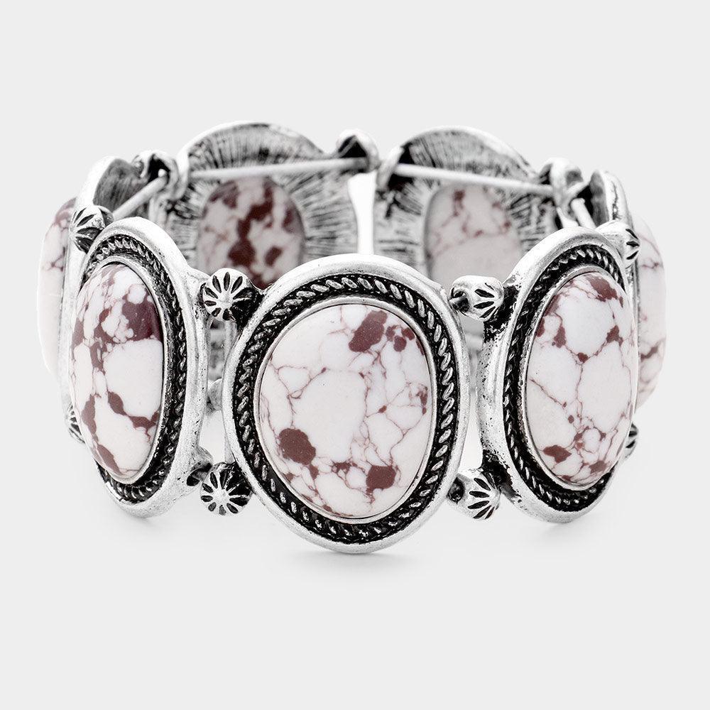 White Marvel Stone Antique Metal Stretch Bracelet - Jewelry Store by Erik Rayo
