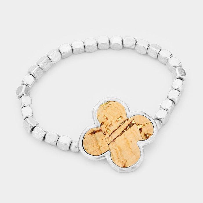 Silver Wood Floral Metal Bead Stretch Bracelet - Jewelry Store by Erik Rayo