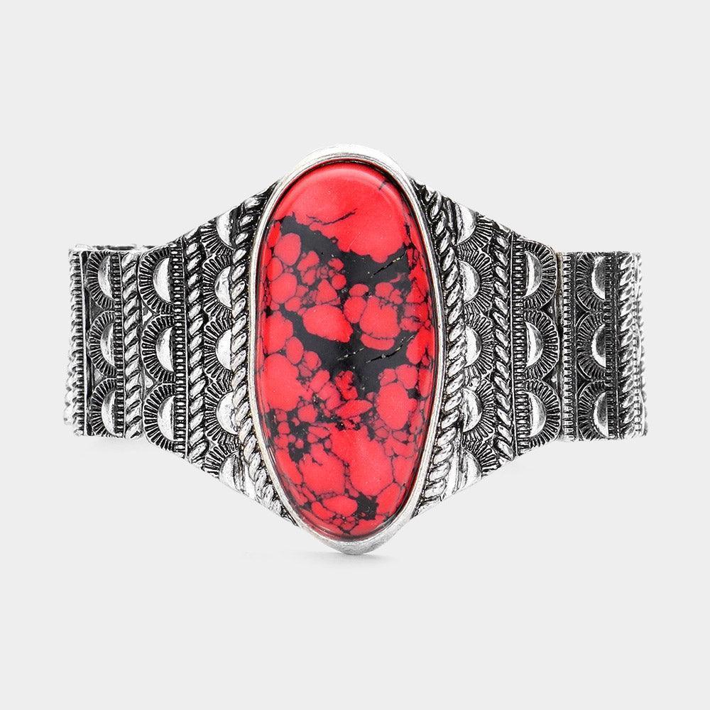 Red Oval Natural Stone Accented Stretch Bracelet - Jewelry Store by Erik Rayo