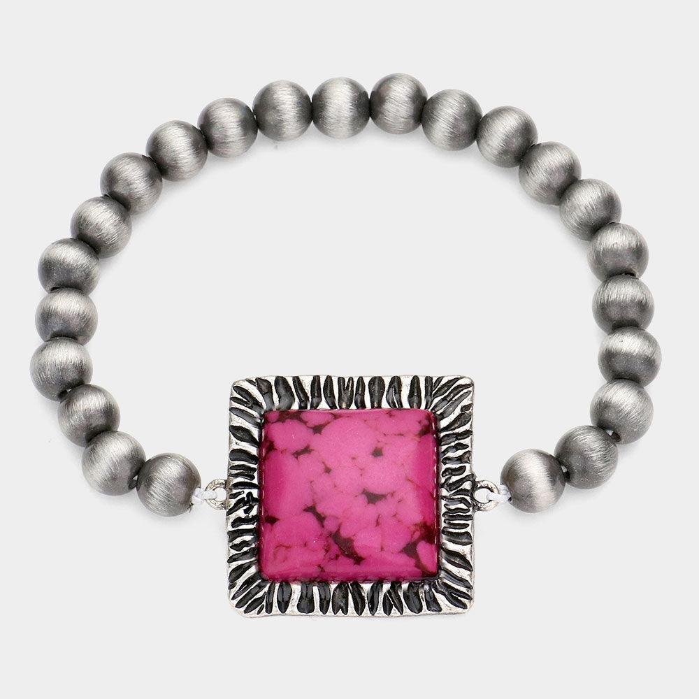 Fuchsia Square Natural Stone Accented Stretch Bracelet - Jewelry Store by Erik Rayo