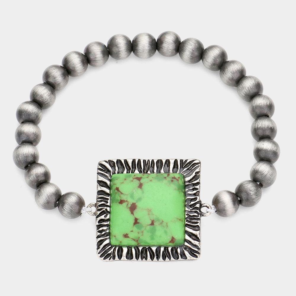 Green Square Natural Stone Accented Stretch Bracelet - Jewelry Store by Erik Rayo