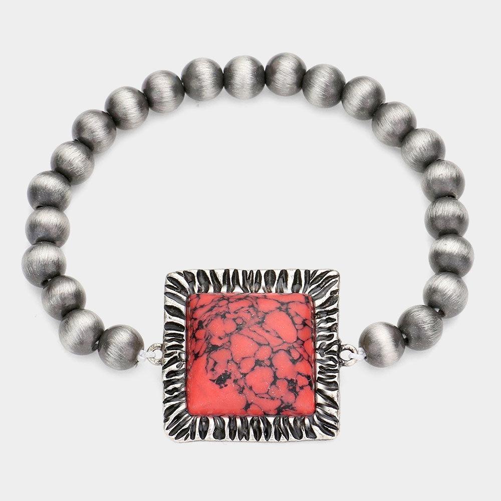 Red Square Natural Stone Accented Stretch Bracelet - Jewelry Store by Erik Rayo