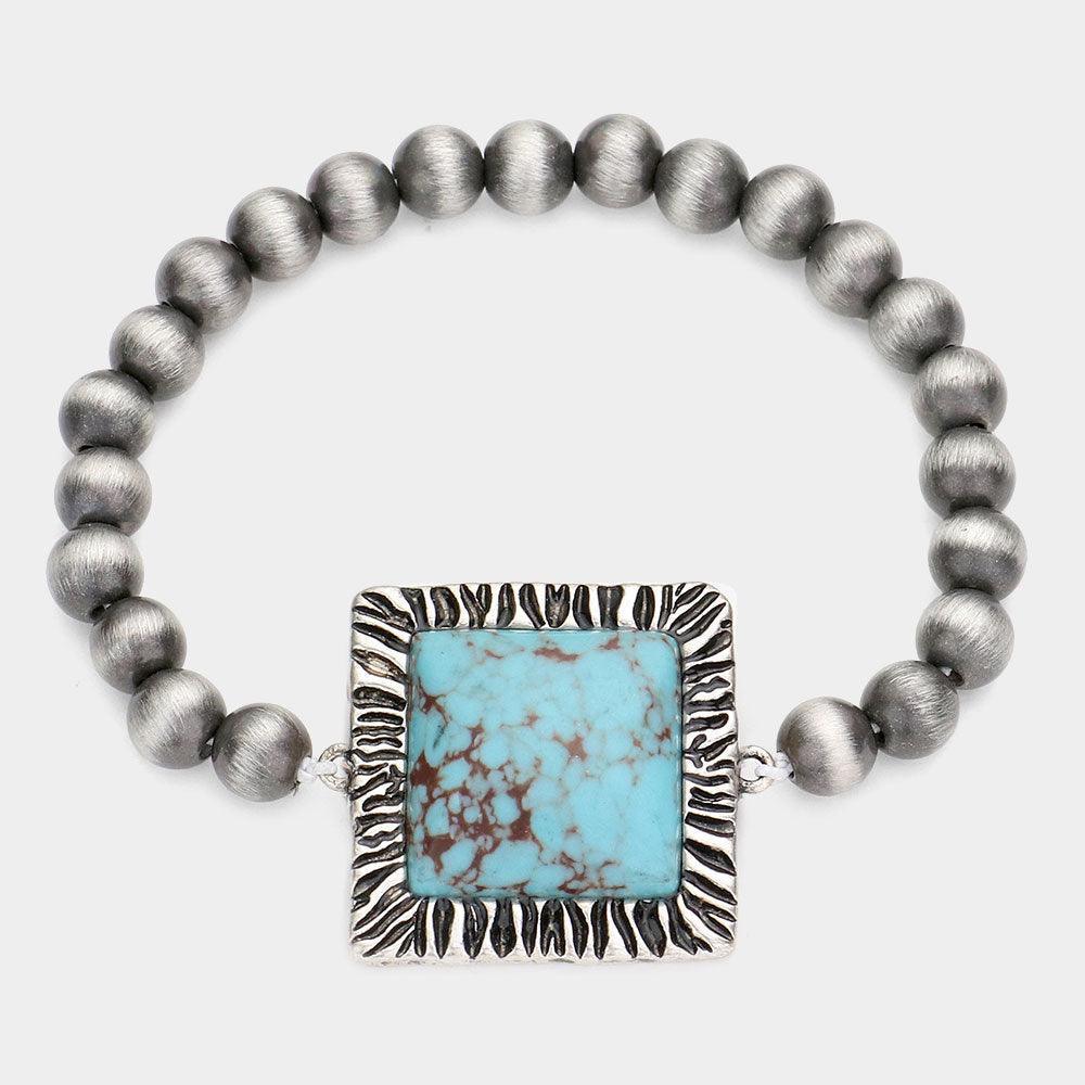 Turquoise Square Natural Stone Accented Stretch Bracelet - Jewelry Store by Erik Rayo