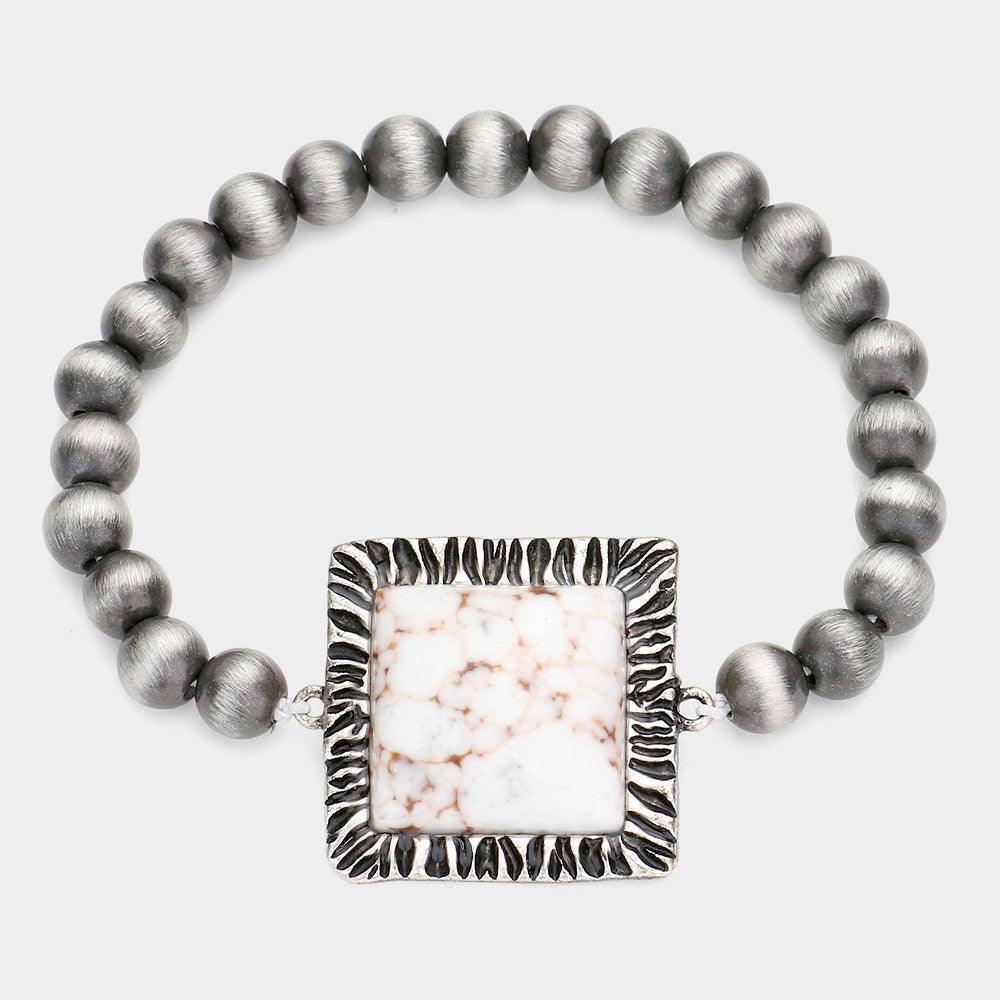 White Square Natural Stone Accented Stretch Bracelet - Jewelry Store by Erik Rayo