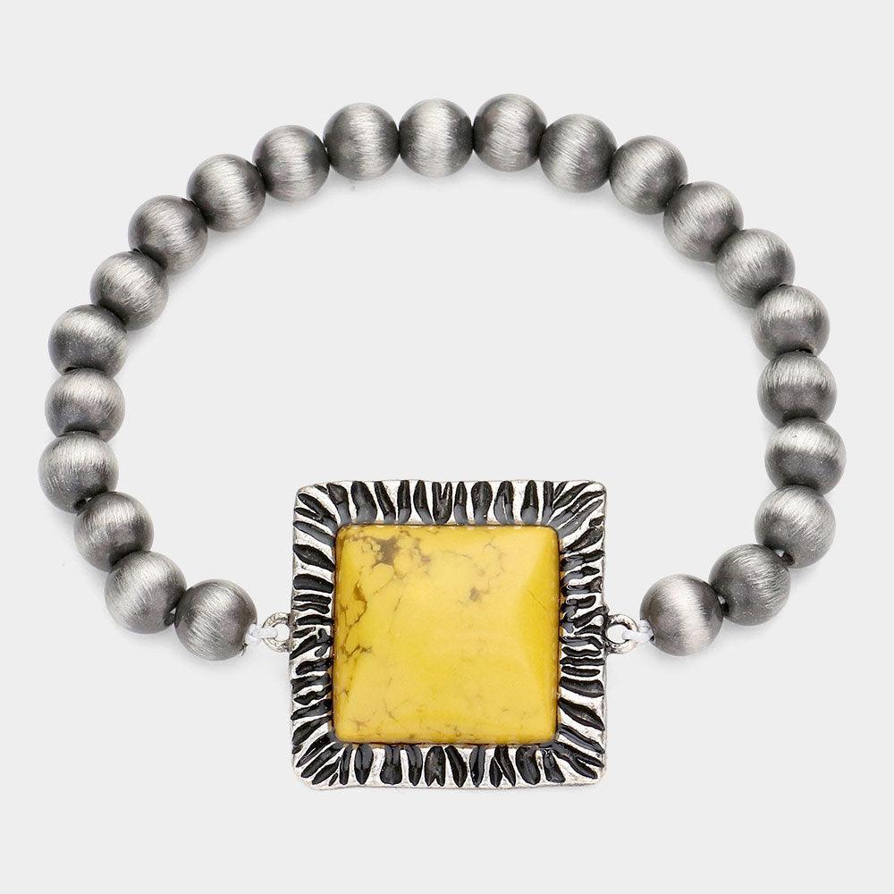 Yellow Square Natural Stone Accented Stretch Bracelet - Jewelry Store by Erik Rayo