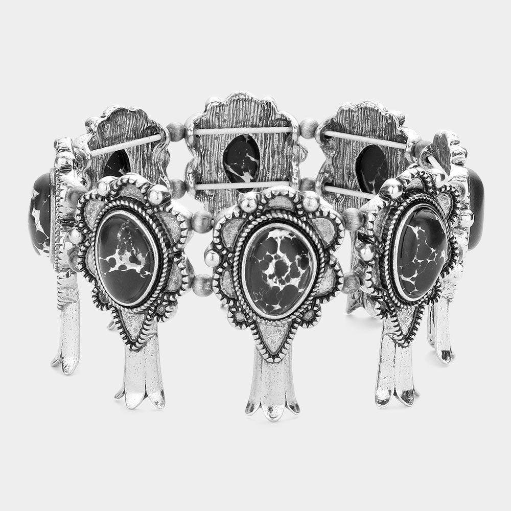 Black Natural Stone Accented Squash Blossom Stretch Bracelet - Jewelry Store by Erik Rayo