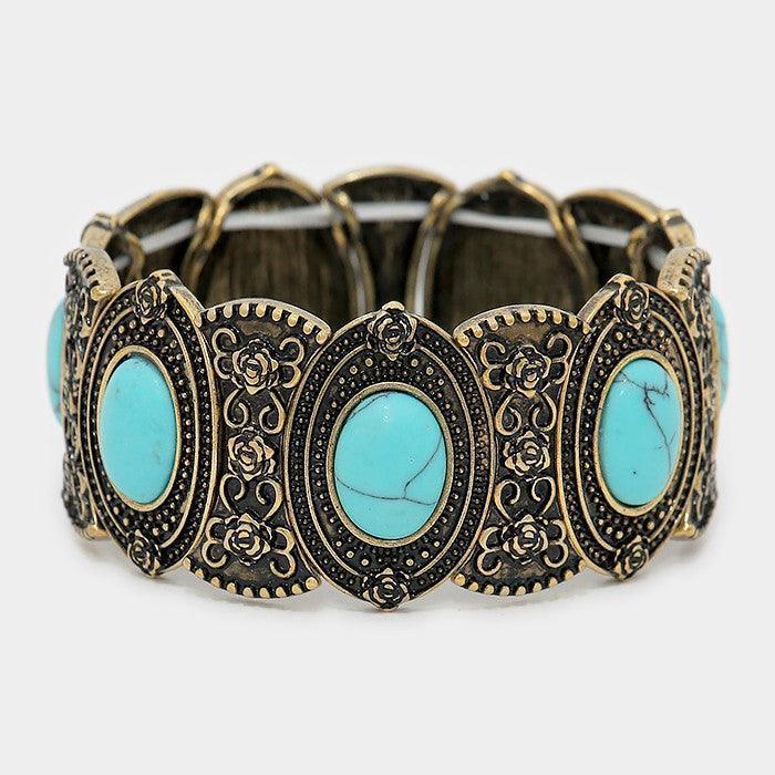 Turquoise Oval turquoise antique metal stretch bracelet - Jewelry Store by Erik Rayo