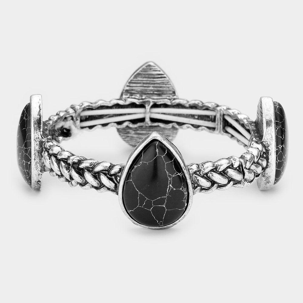 Black Teardrop Natural Stone Antique Metal Stretch Bracelet - Jewelry Store by Erik Rayo