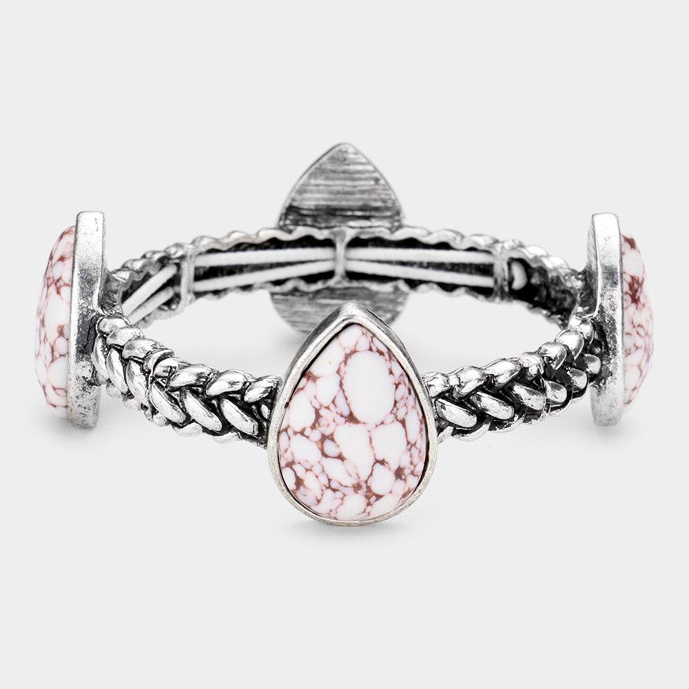 White Teardrop Natural Stone Antique Metal Stretch Bracelet