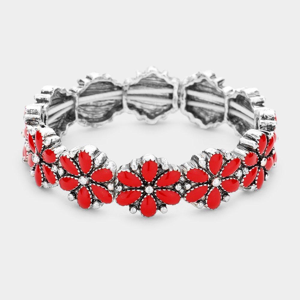 Red Enamel Flower Antique Metal Stretch Bracelet