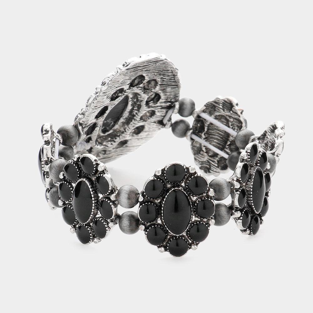 Black Squash Blossom Natural Stone Accented Stretch Bracelet - Jewelry Store by Erik Rayo