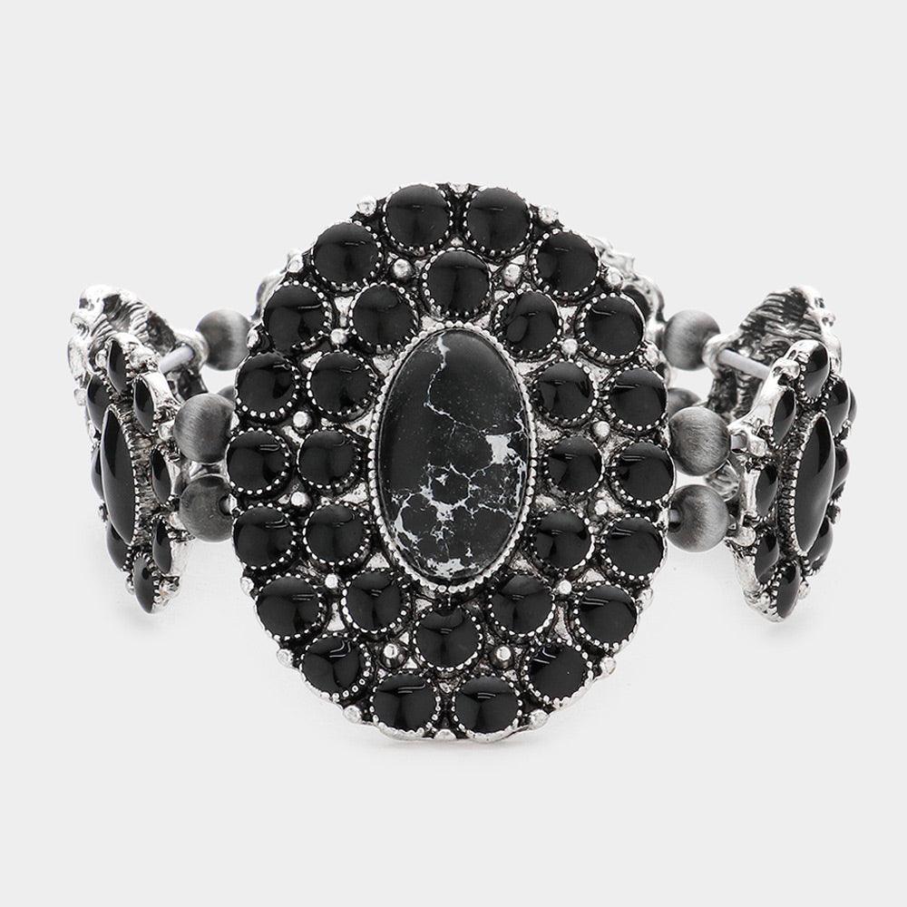 Black Squash Blossom Natural Stone Accented Stretch Bracelet - Jewelry Store by Erik Rayo