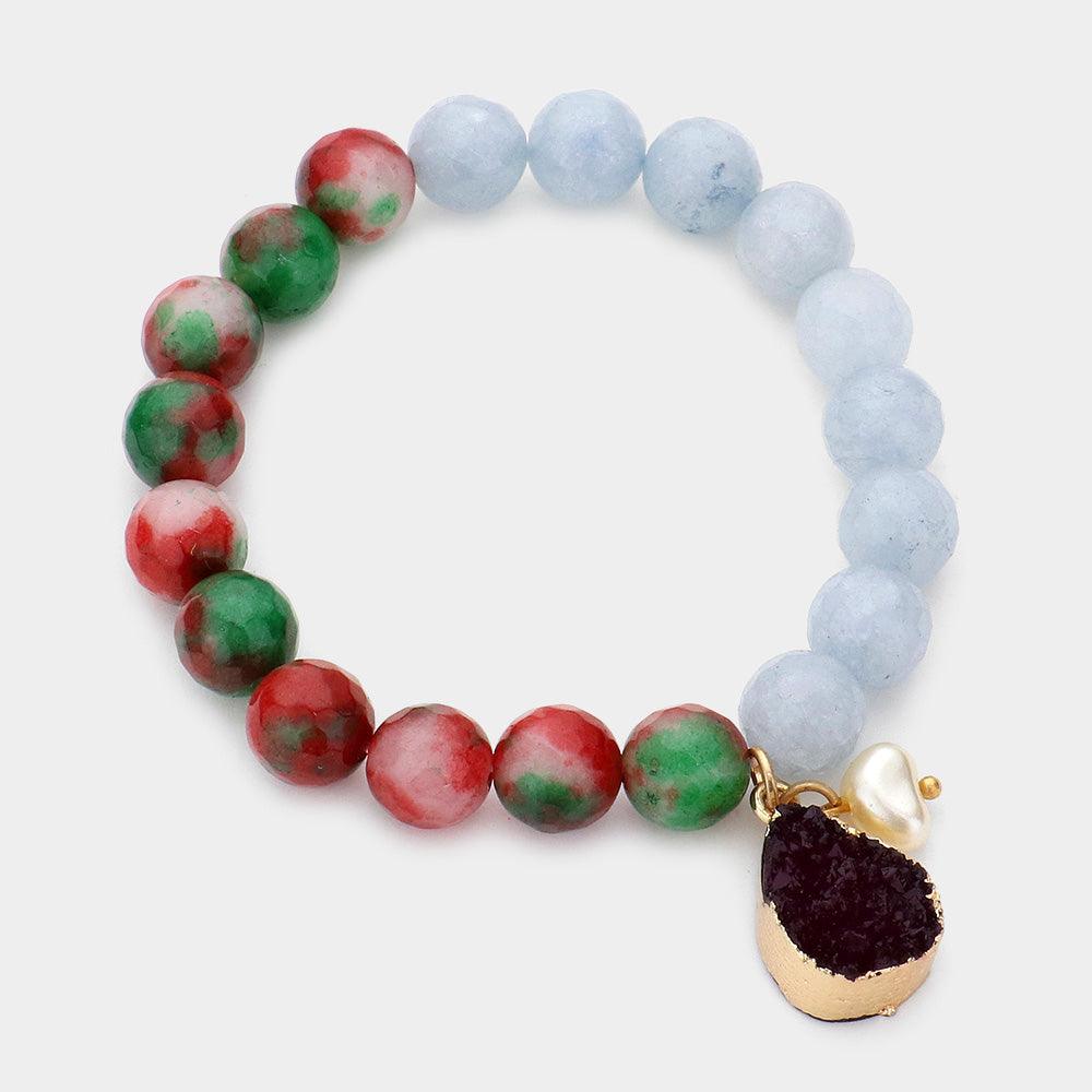 Burgundy Natural Stone Bead Pearl Charm Stretch Bracelet