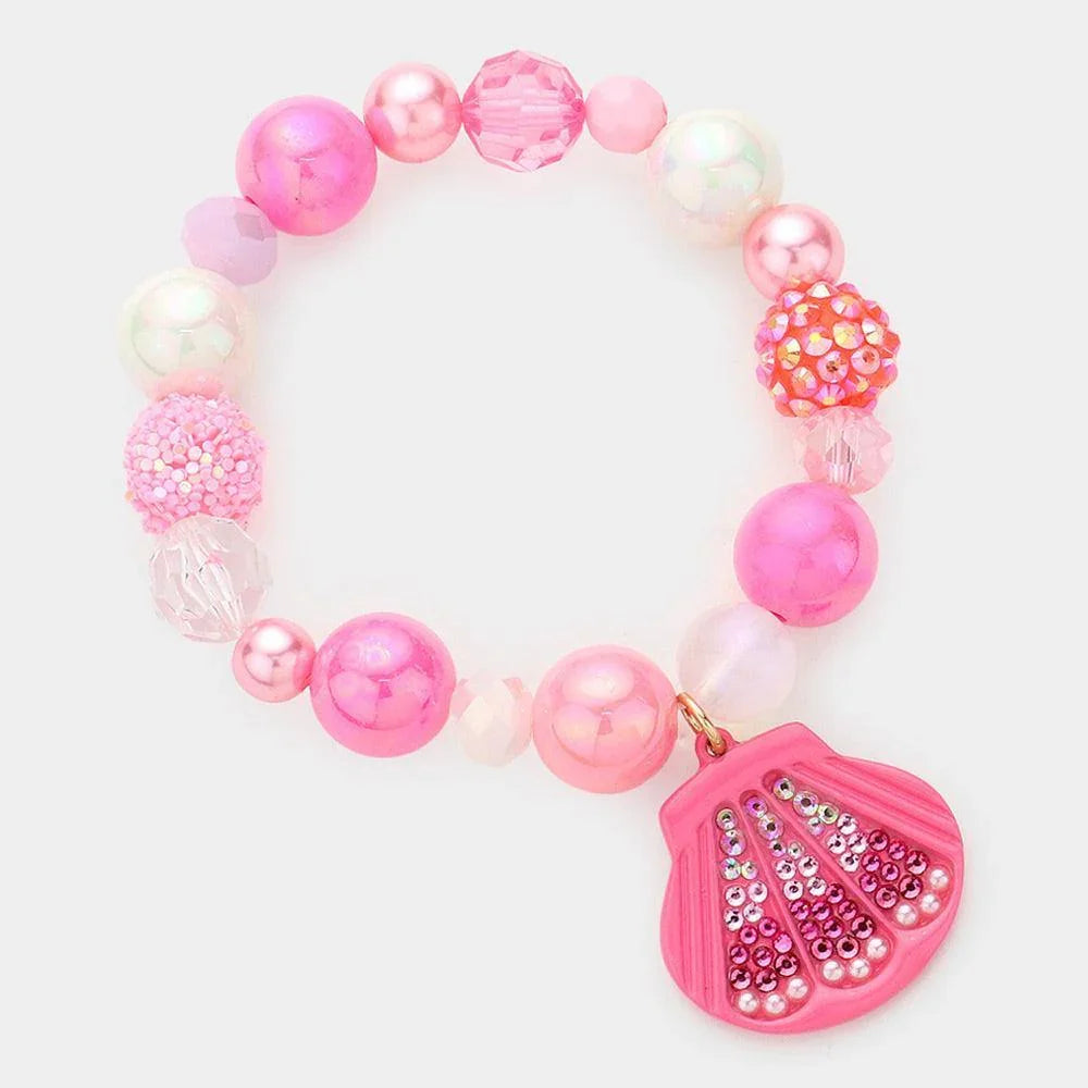 Pink Barbie Pink Shell Charm Pearl Multi Beaded Stretch Bracelet - Jewelry Store by Erik Rayo