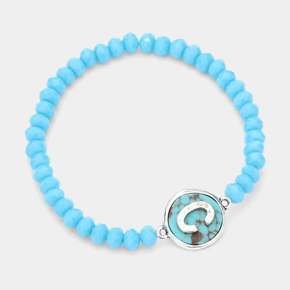 Turquoise C Monogram Turquoise Charm Faceted Beaded Stretch Bracelet - Jewelry Store by Erik Rayo