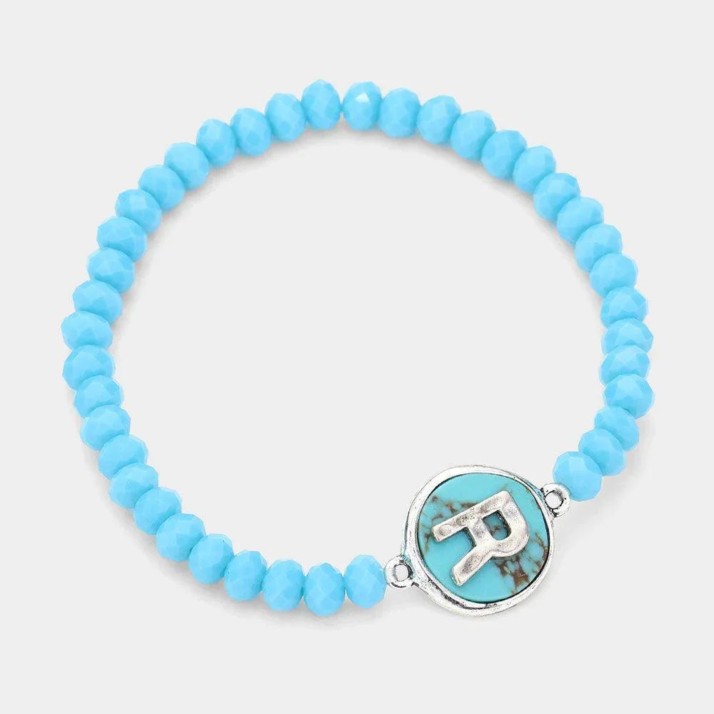 Turquoise R Monogram Turquoise Charm Faceted Beaded Stretch Bracelet - Jewelry Store by Erik Rayo