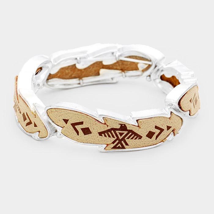 Beige Aztec Pattern Leather Metal Stretch Bracelet - Jewelry Store by Erik Rayo