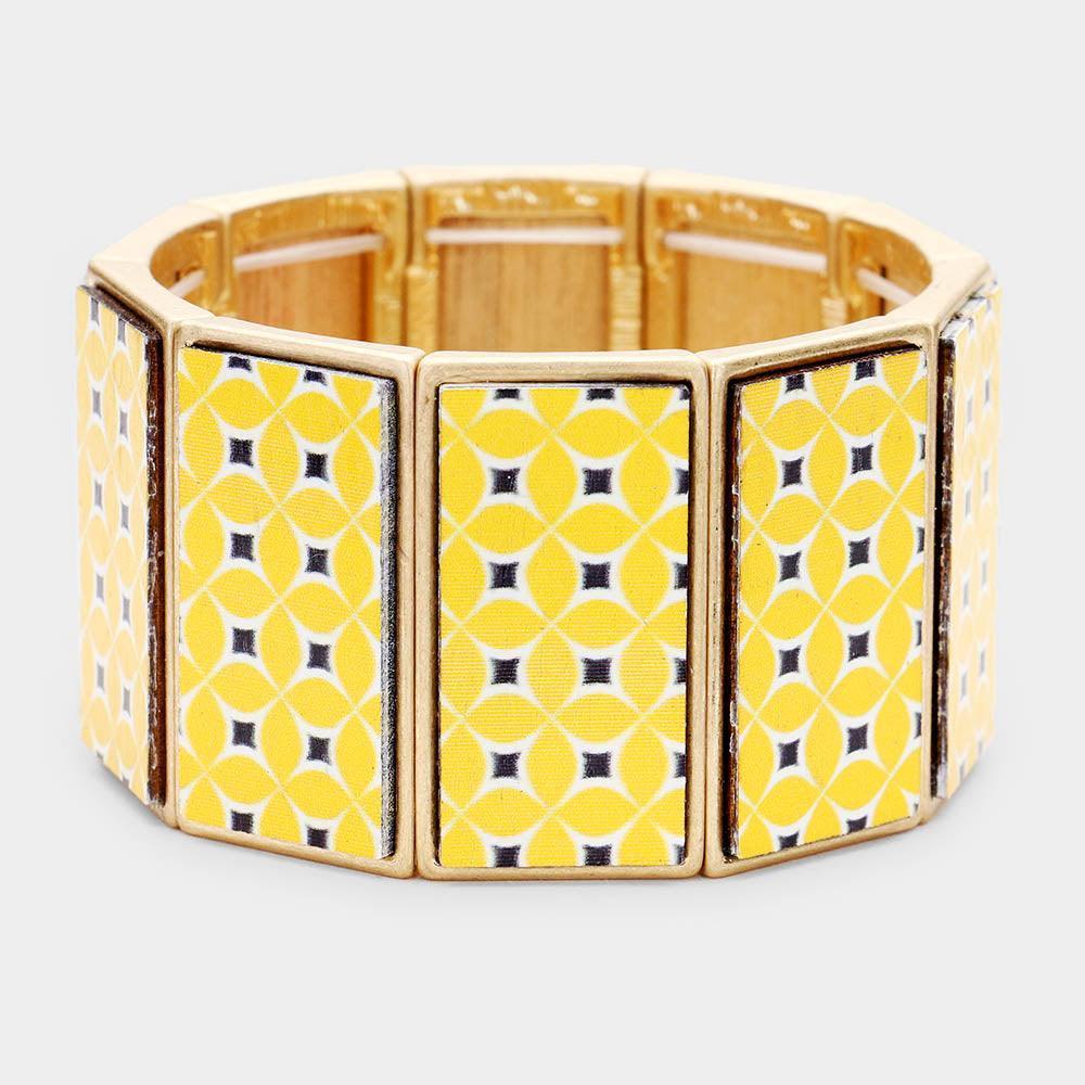 Yellow Patterned Wood Rectangle Stretch Bracelet - Jewelry Store by Erik Rayo