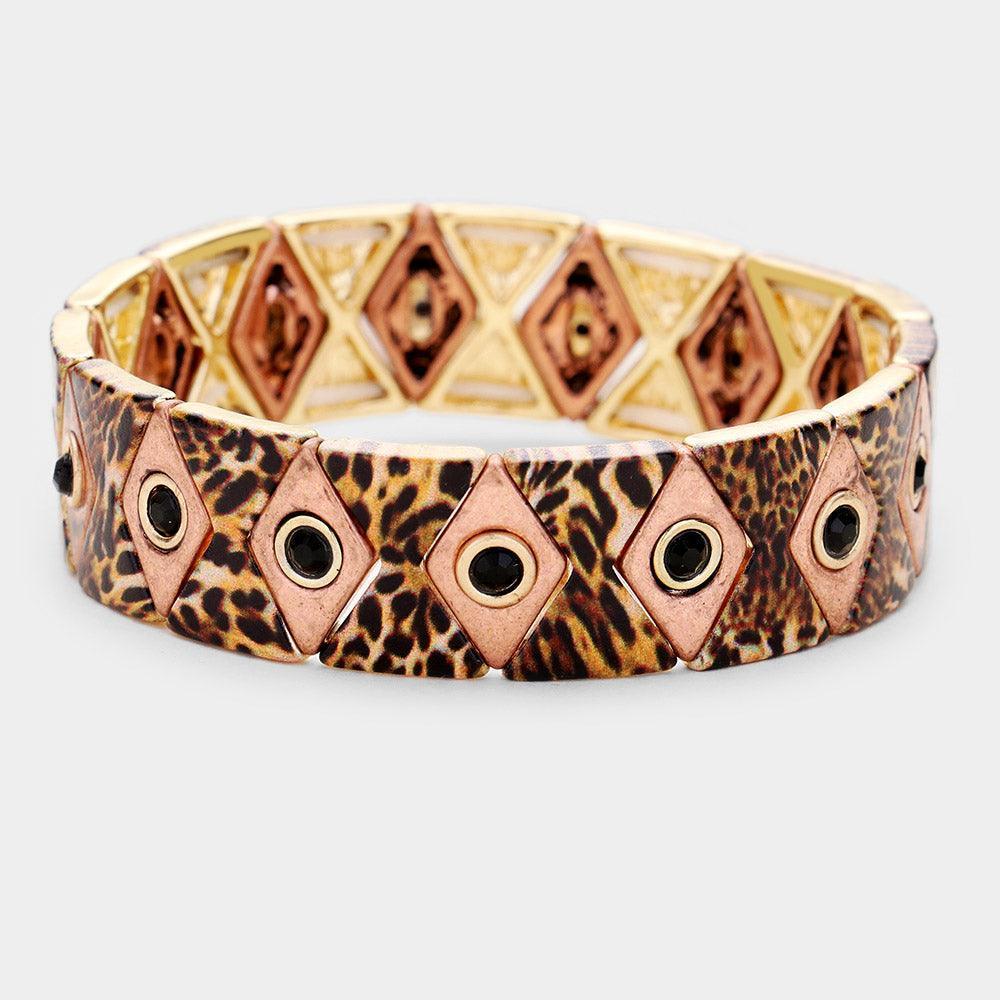 Brown Multi Rhombus Pattern Rhinestone Metal Stretch Bracelet - Jewelry Store by Erik Rayo