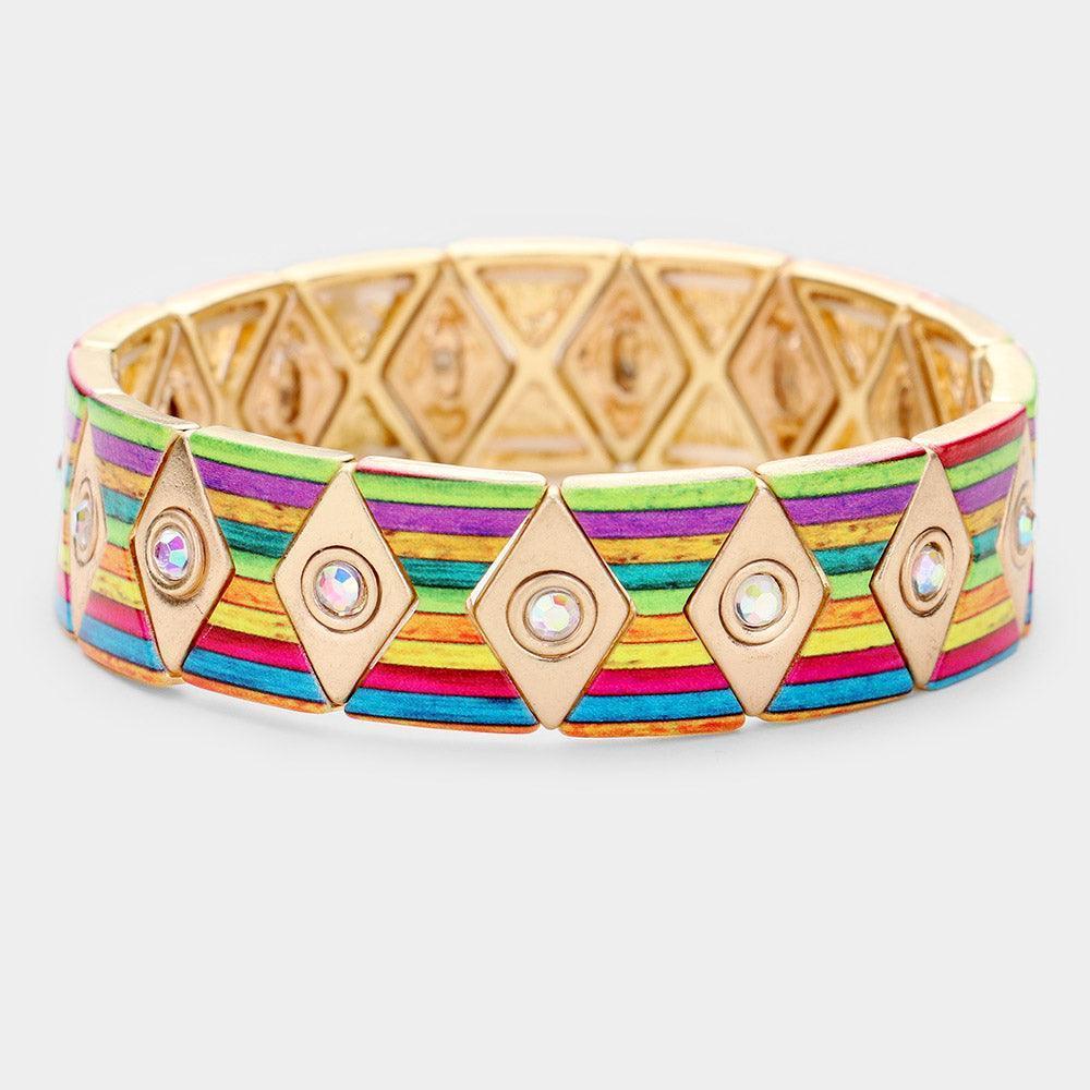 Gold Colorful Stripe Rhombus Rhinestone Metal Stretch Bracelet - Jewelry Store by Erik Rayo