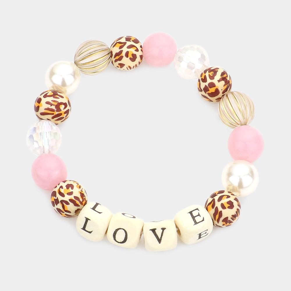 Pink LOVE Message Accented Pearl Leopard Patterned Beaded Stretch Bracelet