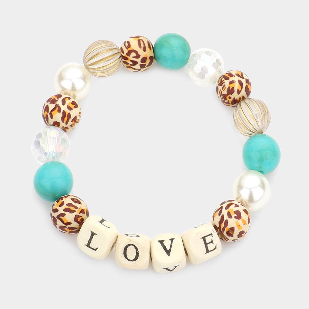 Turquoise LOVE Message Accented Pearl Leopard Patterned Beaded Stretch Bracelet