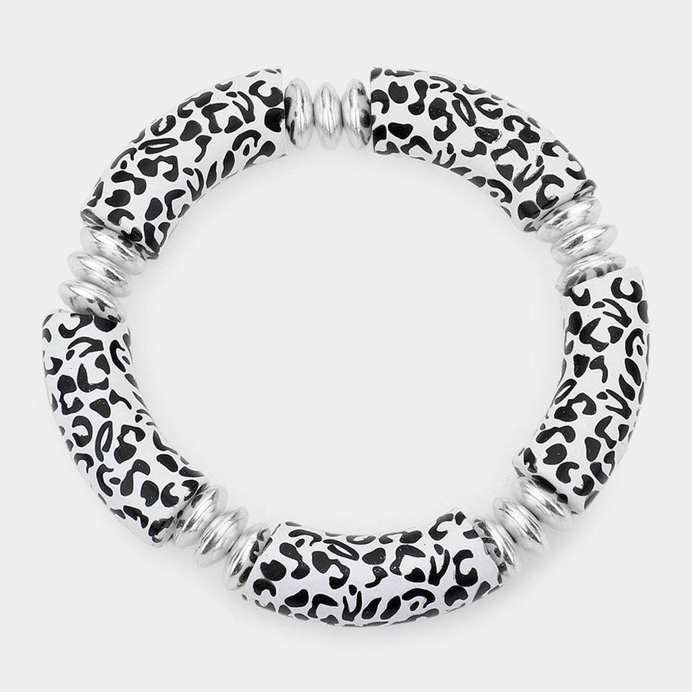 White Leopard Patterned Wood Stretch Bracelet - Jewelry Store by Erik Rayo