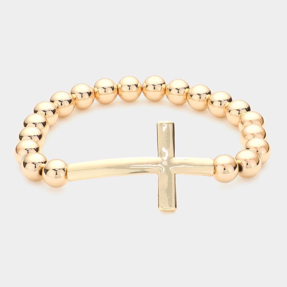 Gold Metal Cross Pendant Stretch Bubble Bracelet