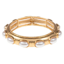 Load image into Gallery viewer, Gold Oval Pearl Pointed Brushed Metal Stretch Bangle Bracelet
