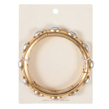 Load image into Gallery viewer, Gold Oval Pearl Pointed Brushed Metal Stretch Bangle Bracelet
