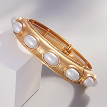 Load image into Gallery viewer, Gold Oval Pearl Pointed Brushed Metal Stretch Bangle Bracelet
