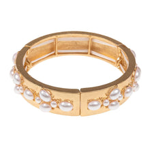 Load image into Gallery viewer, Gold Oval Pearl Pointed Brushed Metal Stretch Bangle Bracelet
