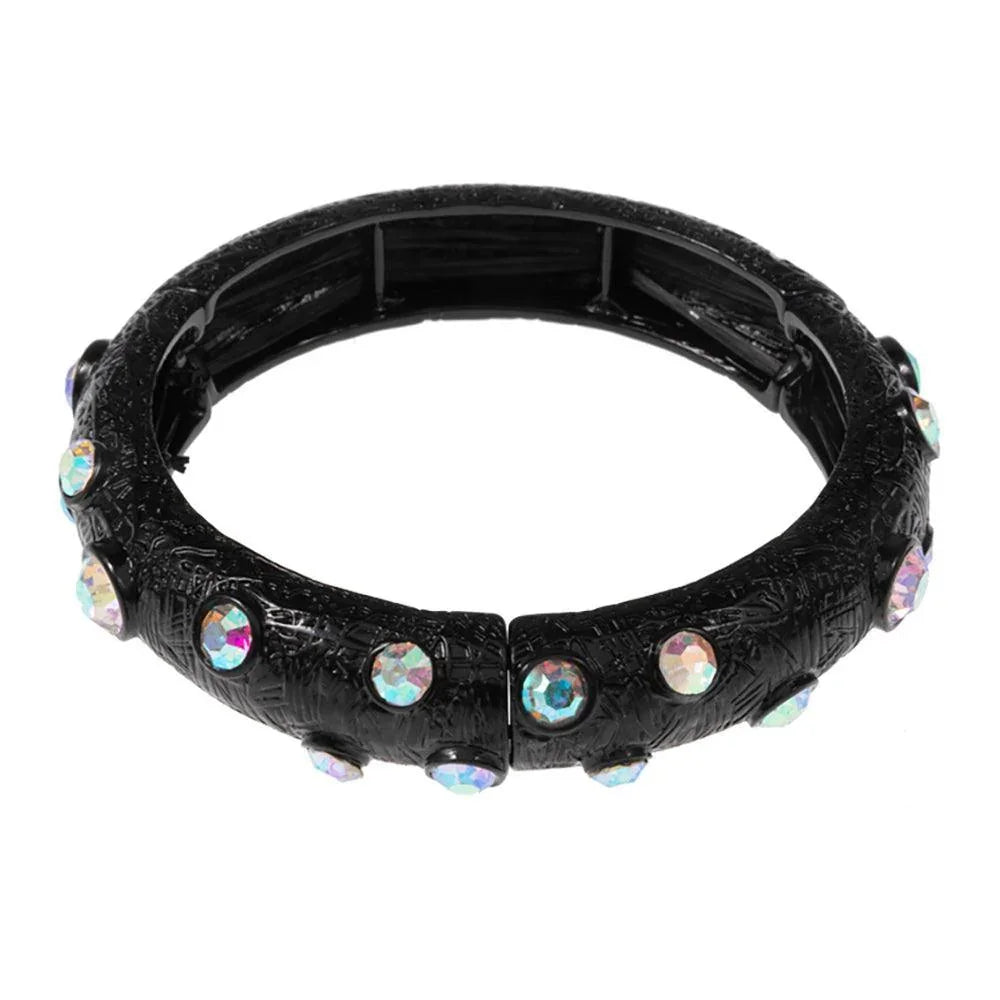 Black Round Glass Stone Accented Textured Metal Bangle Stretch Bracelet - Jewelry Store by Erik Rayo